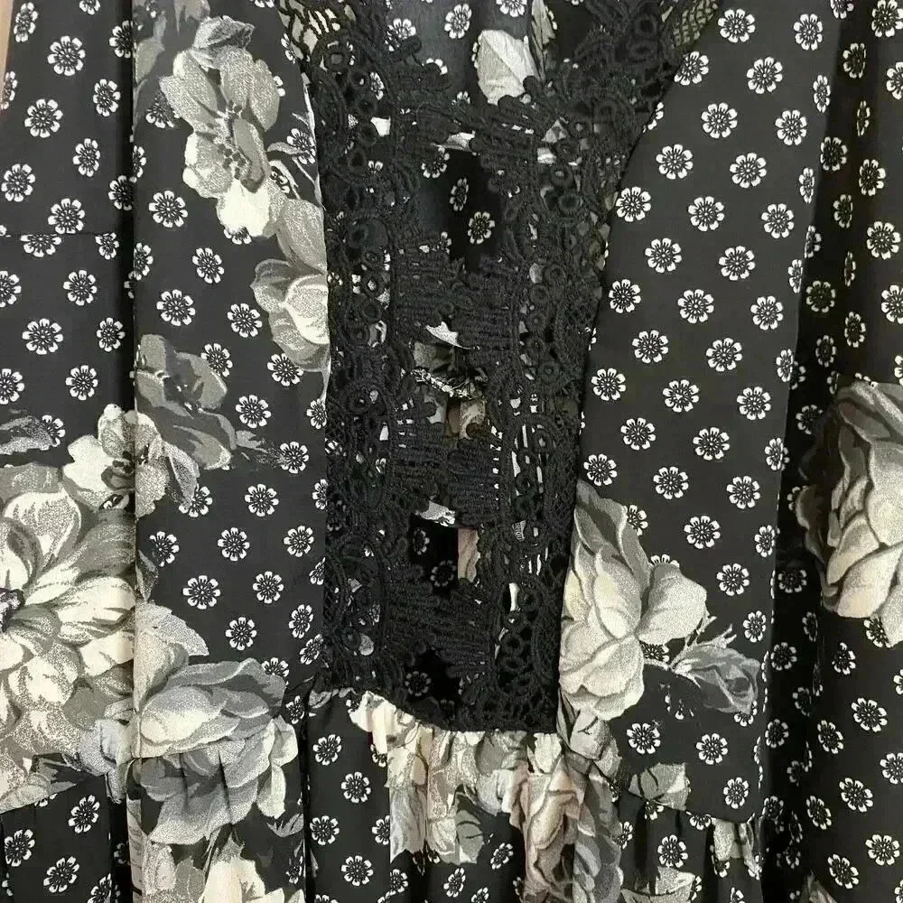 Free People Black Floral‎ Midi Dress Crochet Chest